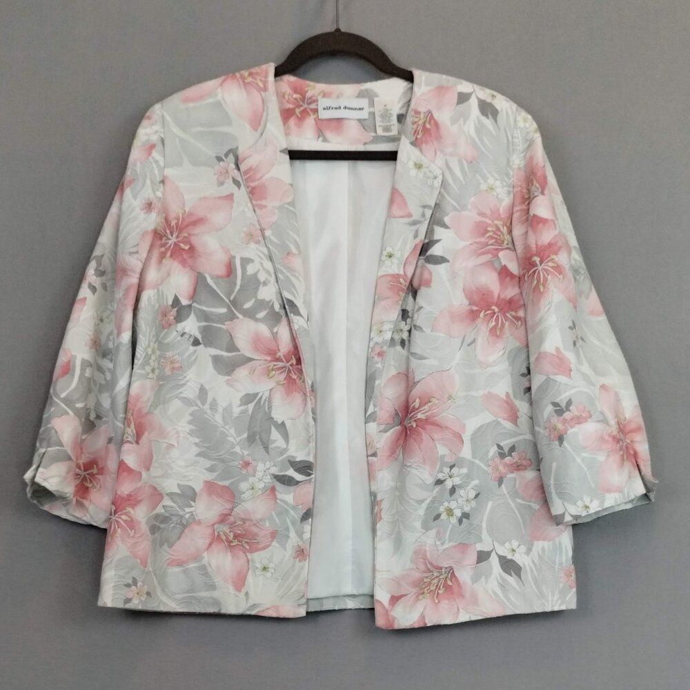 Alfred Dunner Jacket Open Front 3/4 Sleeve Floral Pattern Blazer Size 10
